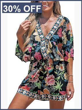 Recycled Romper Lace Up Floral Wide Leg Mini Jumpsuit